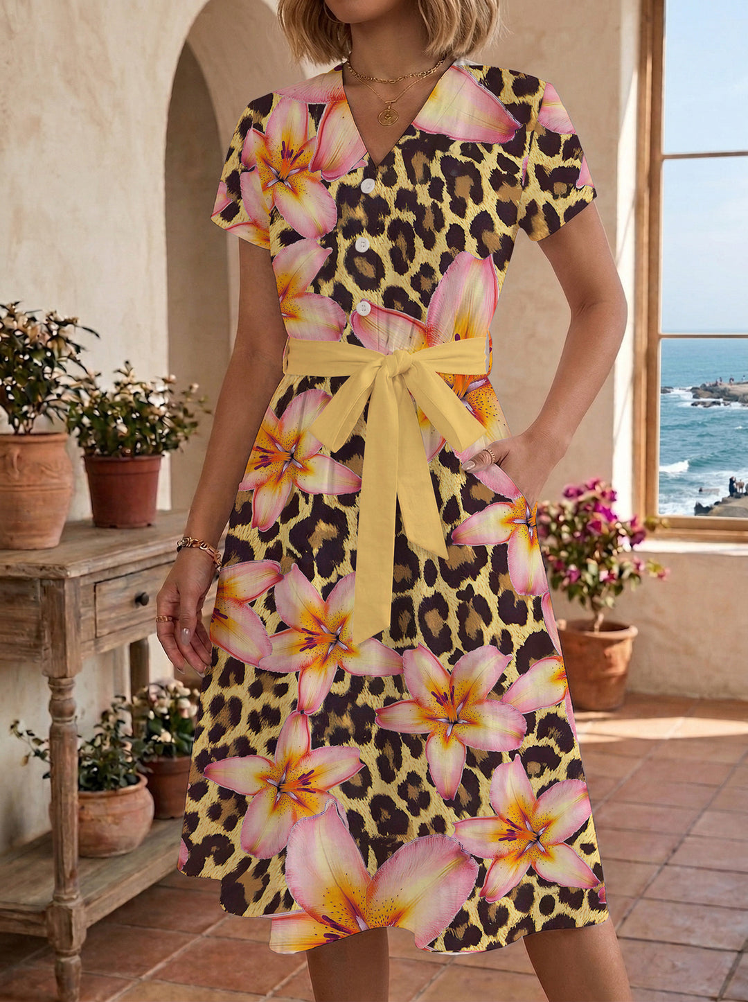 Damen Blühendes Midikleid mit taillierbarem Gürtel und kunstvollem Print Echo Archiv