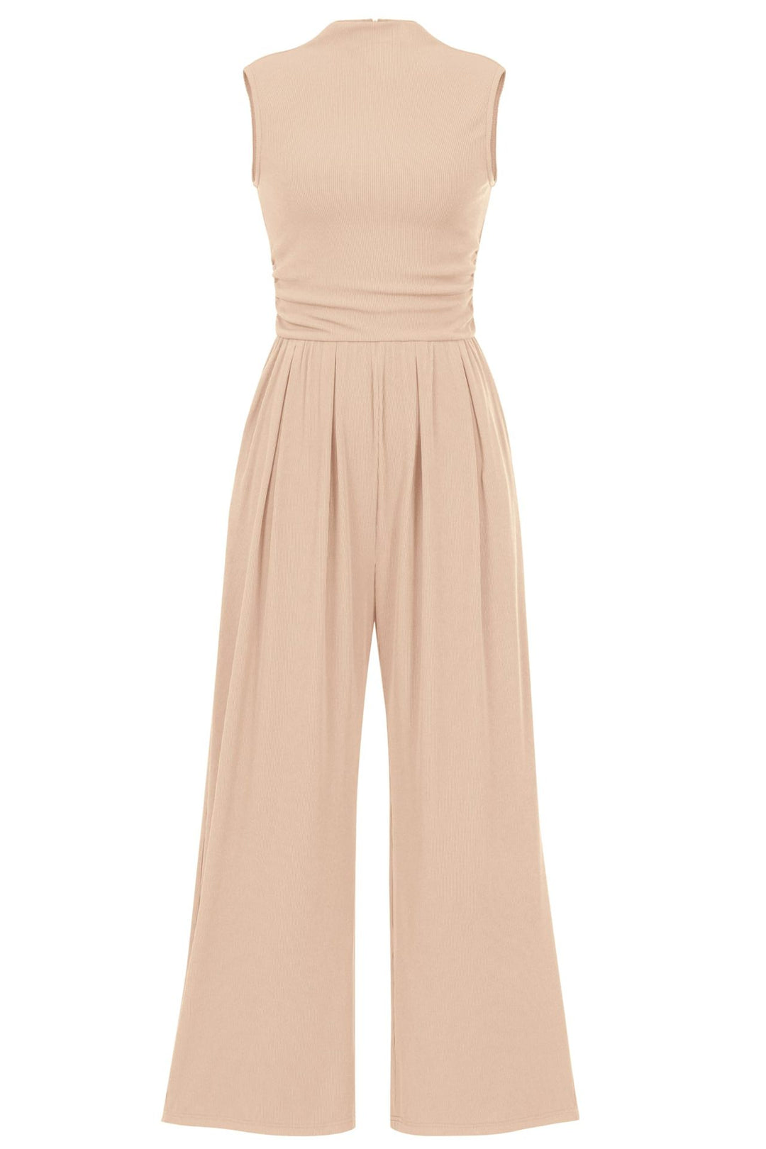 Damen Ärmelloser Palazzohose-Jumpsuit mit taillierter Rippenoberseite und weiten Plissé-Bein – Solévia