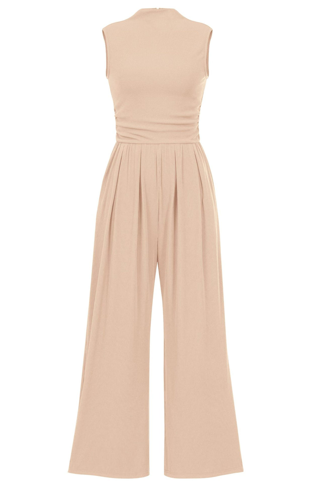 Damen Ärmelloser Palazzohose-Jumpsuit mit taillierter Rippenoberseite und weiten Plissé-Bein – Solévia