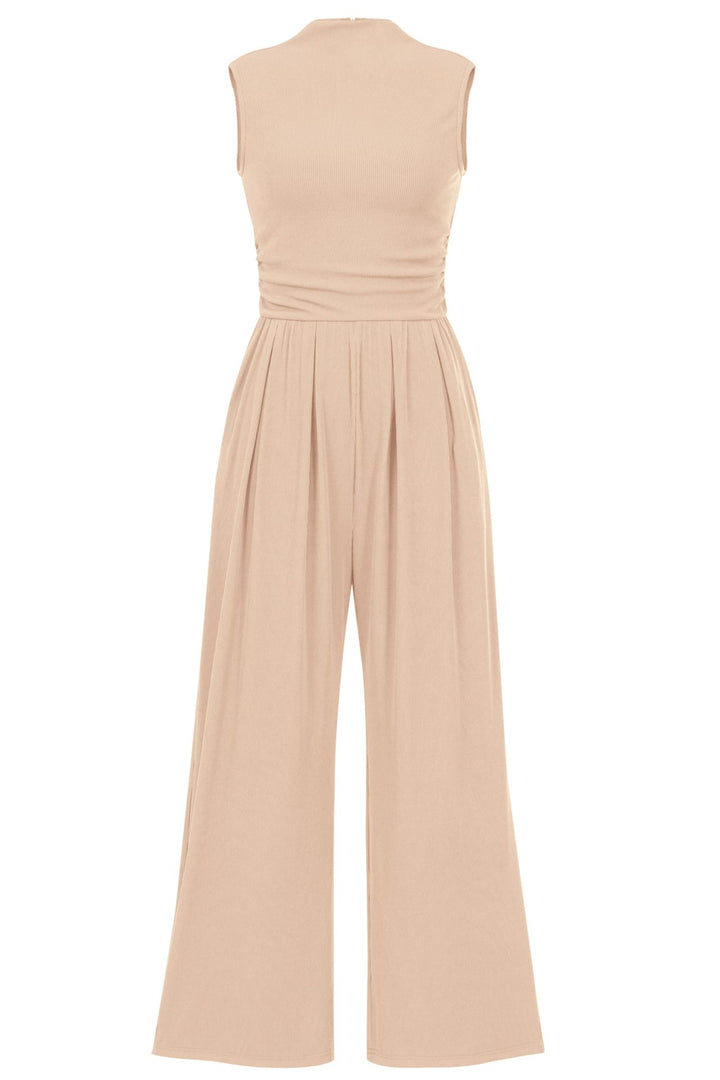 Damen Ärmelloser Palazzohose-Jumpsuit mit taillierter Rippenoberseite und weiten Plissé-Bein – Solévia