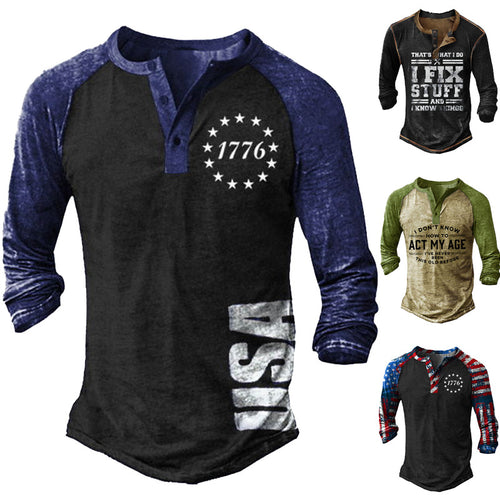 Herren Langarm Henley-T-Shirt mit kreativem Druck und stilvollem Knopfverschluss Echoarchiv