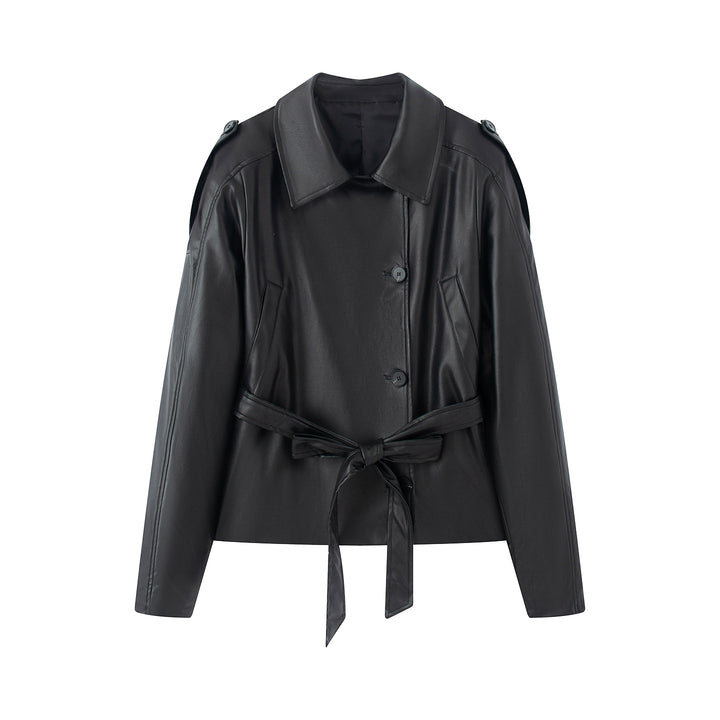 Damen nan kurz geschnittene Trench-Optik Kunstlederjacke mit Bindegürtel und Schulterpatten Echo Archiv