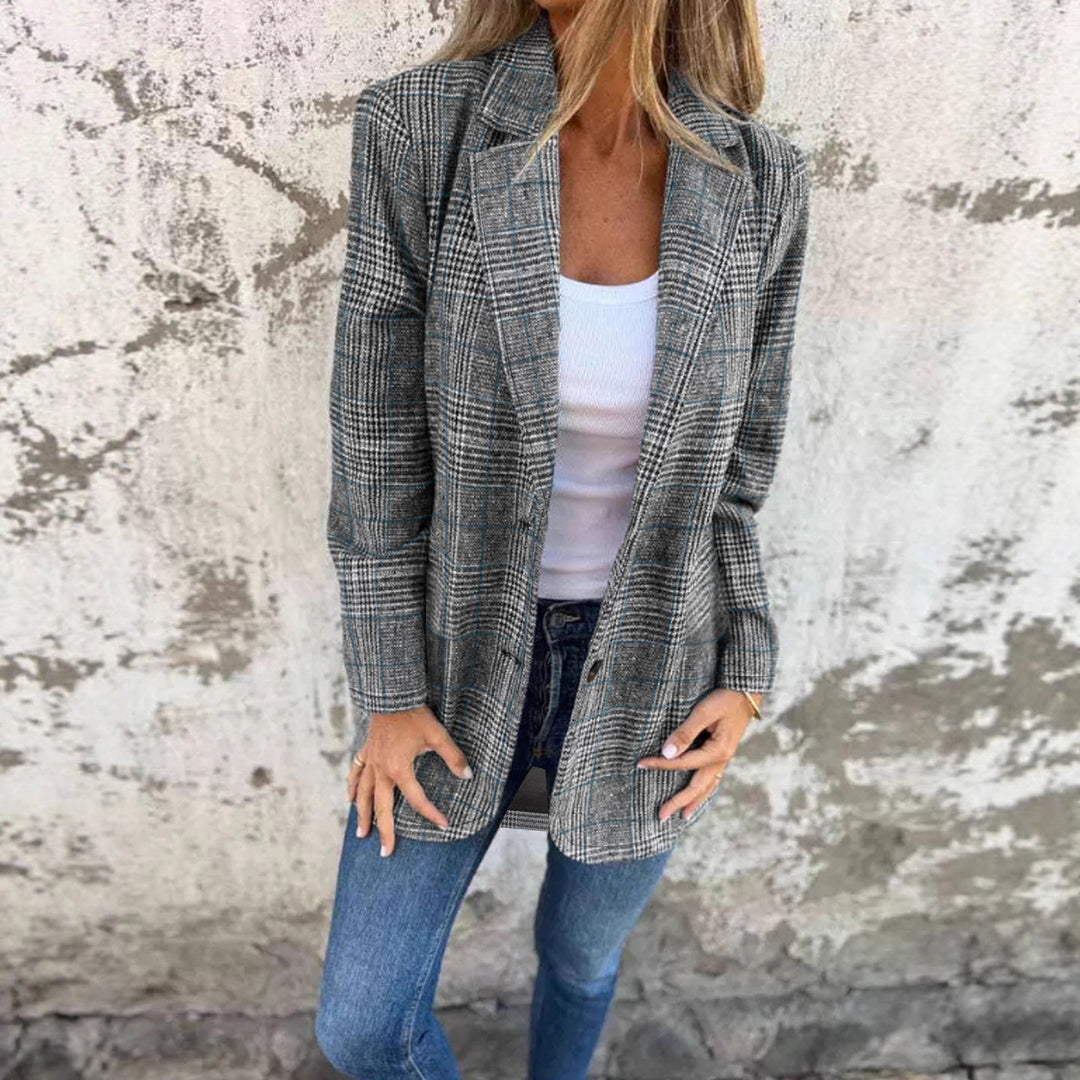 Damen Lockerer Glencheck-Blazer mit Reverskragen, Pattentaschen und Ein-Knopf-Verschluss – Valéne