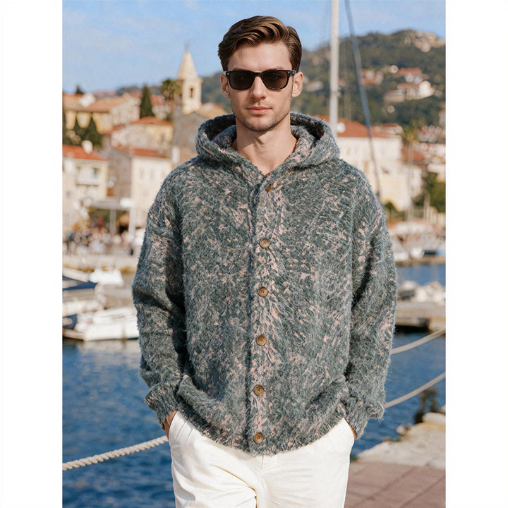 Damen Flauschige Kapuzen-Strickjacke mit Knopfleiste und melierter Bouclé-Optik Echoarchiv