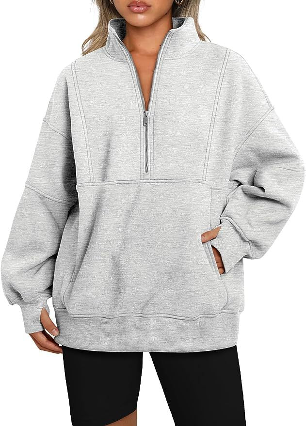 Damen Oversized Sweatshirt mit halbem Reißverschluss, Kängurutasche und Stehkragen Echoarchiv