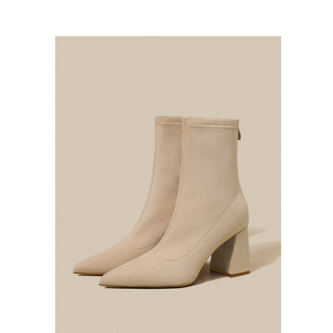 Damen Spitze Sock‑Ankle‑Boots mit skulpturellem Blockabsatz und Stretch‑Veloursoptik – Varelle