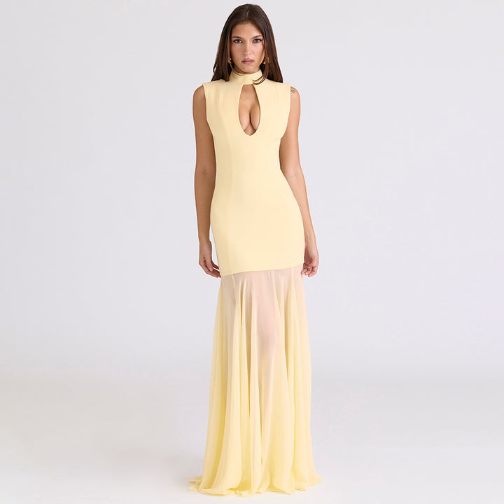 Damen Elegantes Maxikleid mit tiefem V-Ausschnitt und transparenter Tüllschicht Echo Archiv