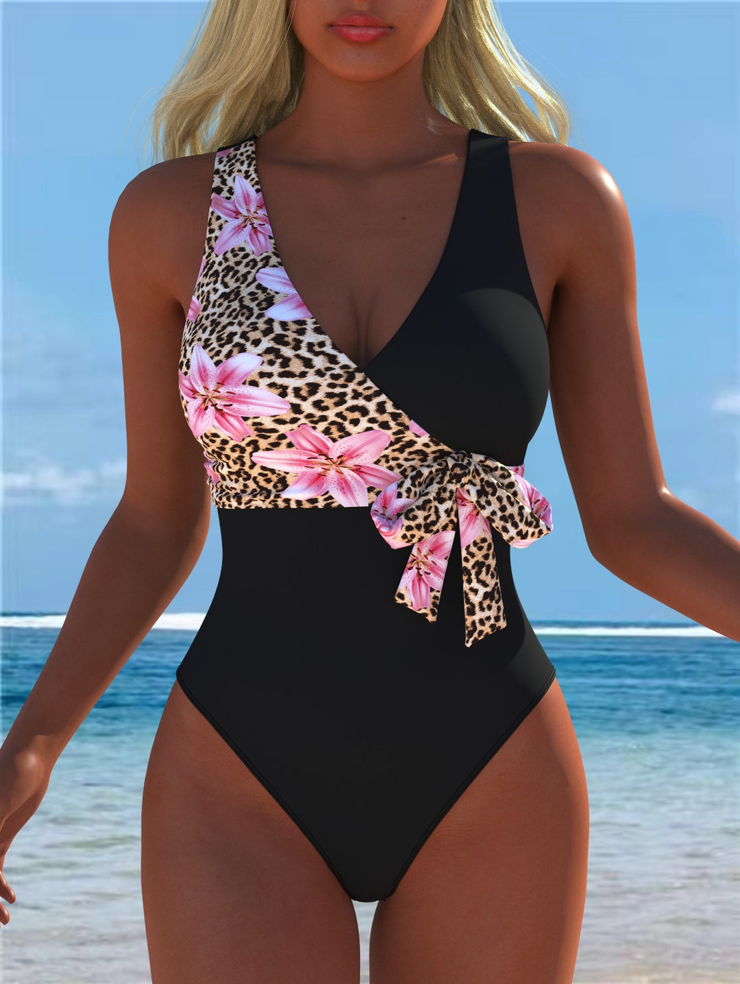 Damen Einteiliger Badeanzug mit floralem Wickeldesign und trendigem Leopardenmuster Echo Archiv