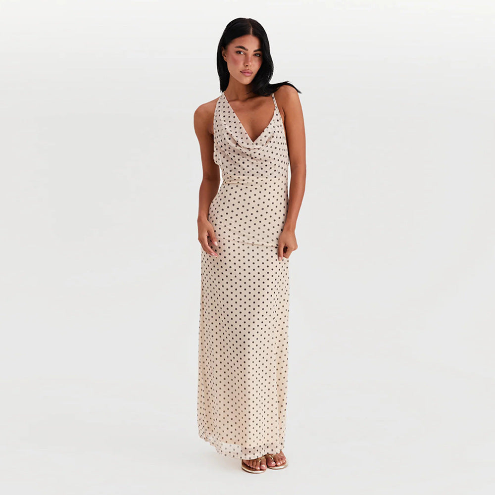 Damen Maxikleid mit elegantem Wasserfallausschnitt und Punktedesign Echo Archiv