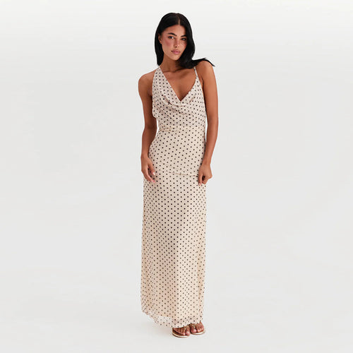 Damen Maxikleid mit elegantem Wasserfallausschnitt und Punktedesign Echo Archiv