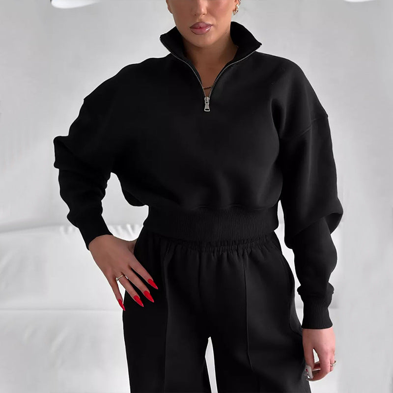 Damen Zweiteiliges Cropped-Halbzip-Sweatset mit Stehkragen und elastischer High-Waist-Jogginghose – Avérine