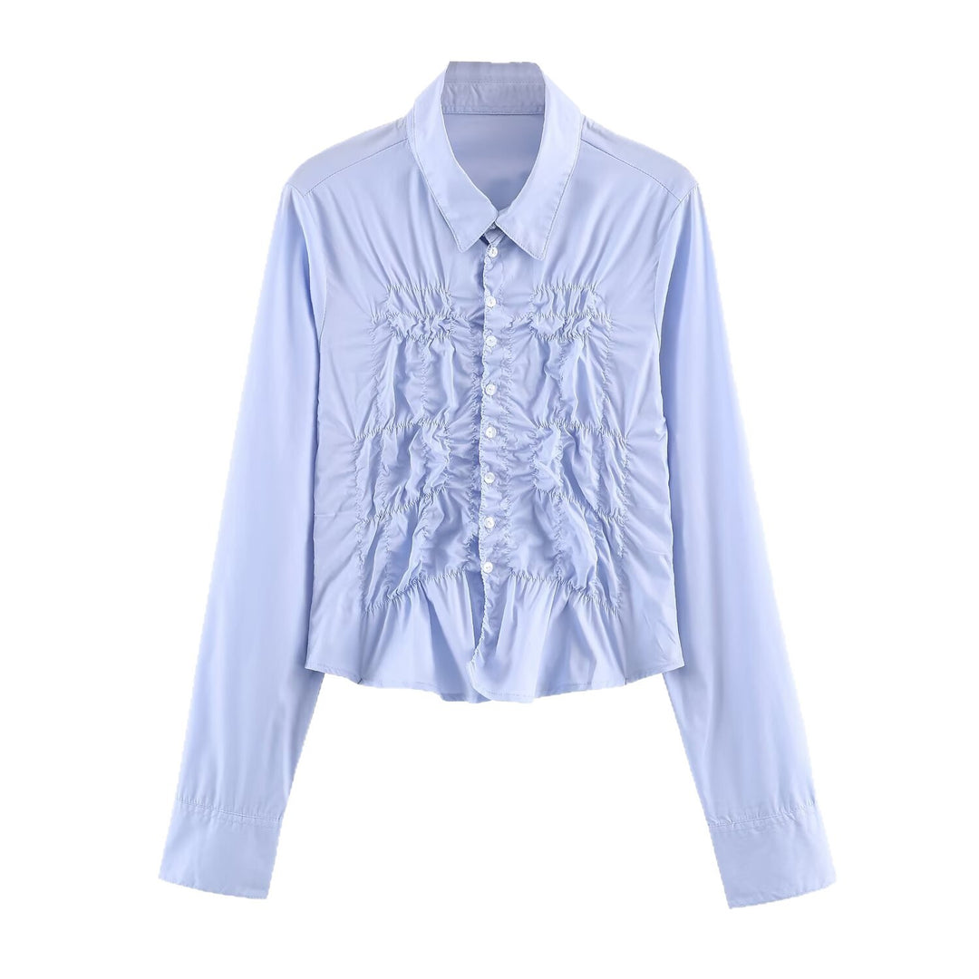 Damen Hemdbluse mit Smock‑Raffung und klassischem Kragen Echoarchiv