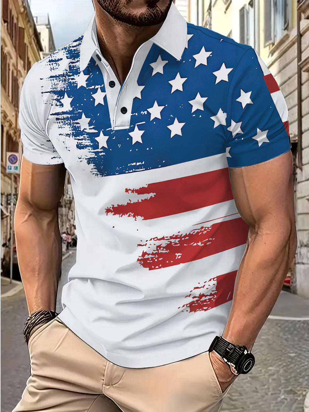 Herren Poloshirt mit kreativem Flaggenmotiv und sportlicher Passform Echoarchiv