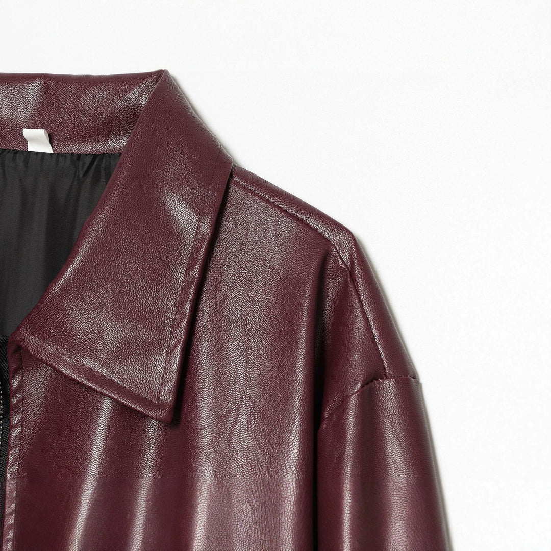 Damen Cropped Kunstleder-Bomberjacke mit Hemdkragen und elastischem Saum Echoarchiv