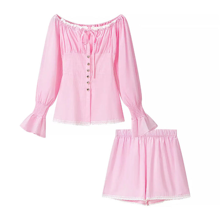 Damen nan zweiteiliges schulterfreies Schlafanzug-Set mit Spitzenbesatz, Herzknopf-Leiste und elastischer Shorts-Bund Echo Archiv