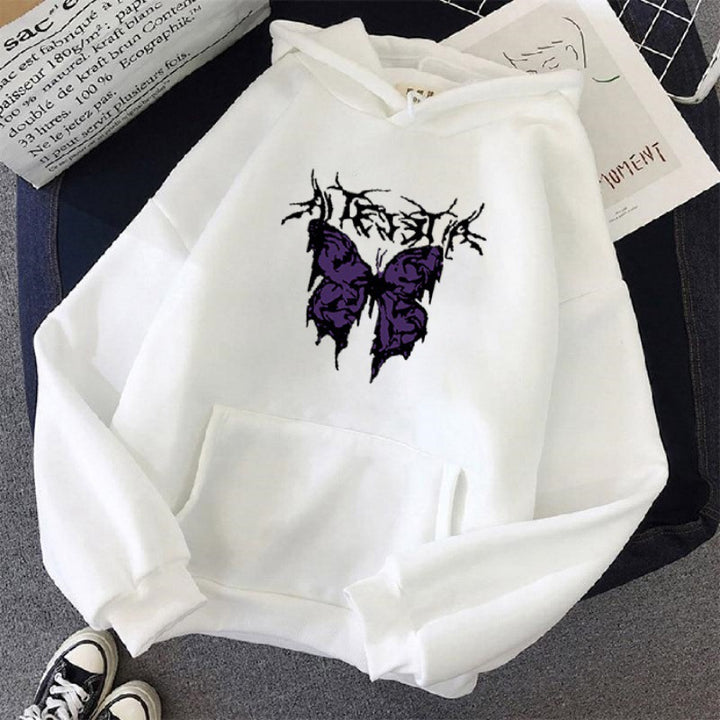 Damen Oversize-Kapuzenpullover mit gothischer Schmetterlings-Illustration und Kängurutasche – Auréline
