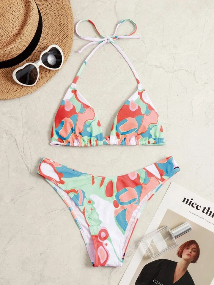 Damen Triangel-Bikini-Set mit verstellbaren Trägern und kreativem Print Echo Archiv