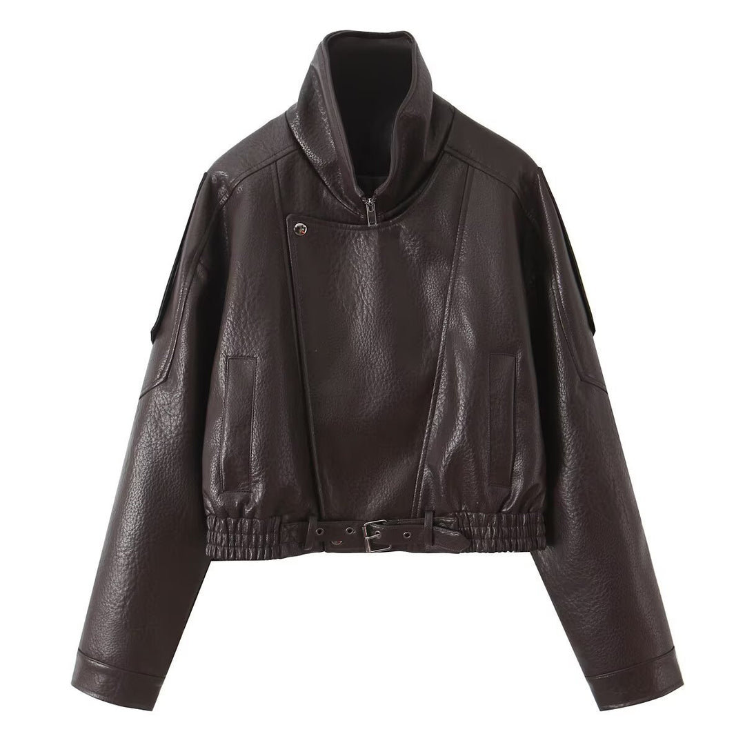 Damen Cropped Bikerblouson aus veganer Lederoptik mit asymmetrischer Frontpatte und Taillenbund Echoarchiv
