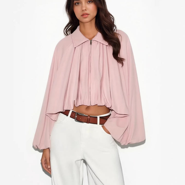 Damen Kurze Cape-Jacke mit voluminösen Ballonärmeln, Stehkragen und Reißverschluss Echo Archiv