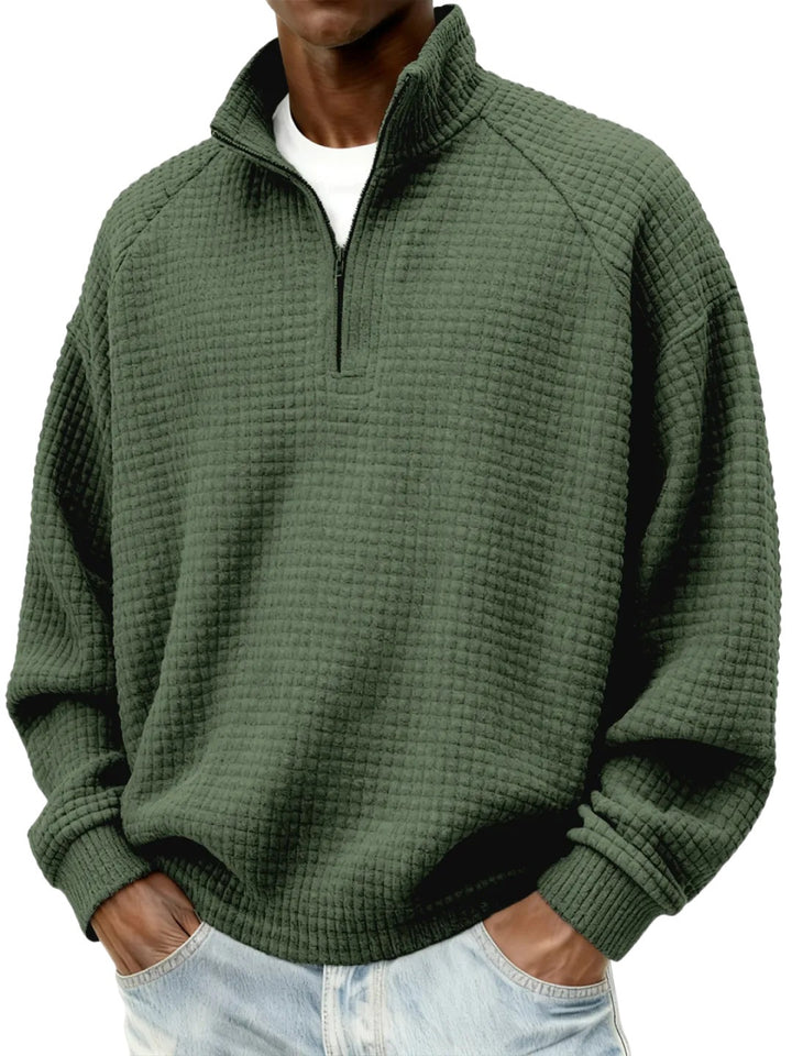Herren Waffelstrick-Oversize-Pullover mit Halbreißverschluss und Stehkragen Echoarchiv