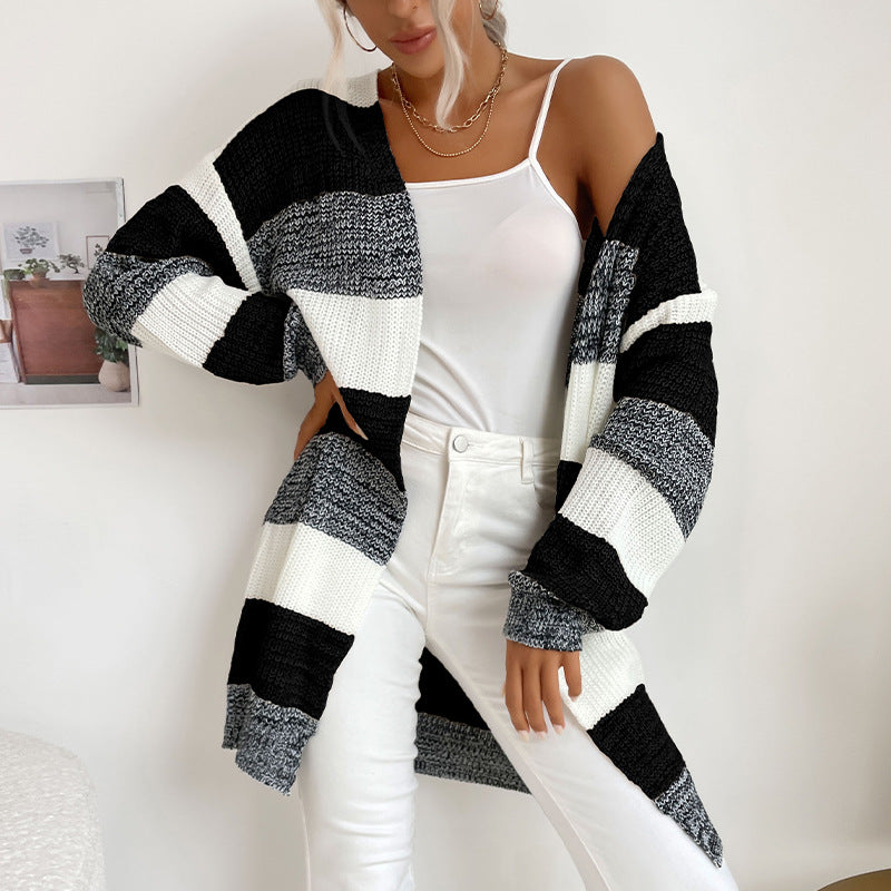 Damen Langer Oversize-Strickcardigan mit Blockstreifen und offener Front – Veloura