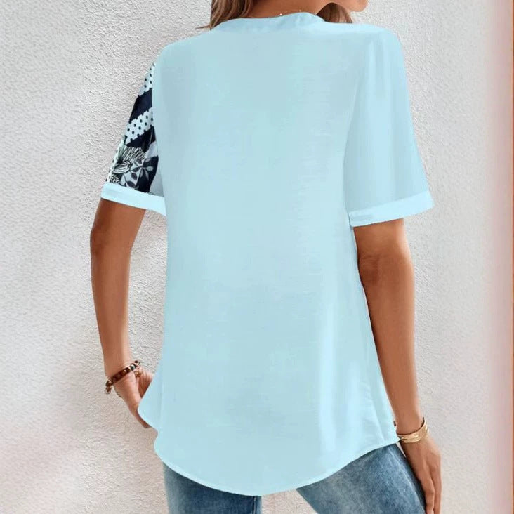 Damen nan zweigeteilte Hemdbluse mit asymmetrischem Muster-Mix, Knopfleiste und lockerer Hüftlänge Echo Archiv