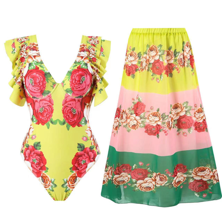 Damen Badeanzug mit modischen Rüschendetails und floralem Wickelrock Echo Archiv