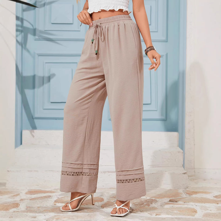 Damen Weite Leinenoptik-Hose mit hohem Gummibund, Bindekordel und Spitzeneinsatz Echo Archiv