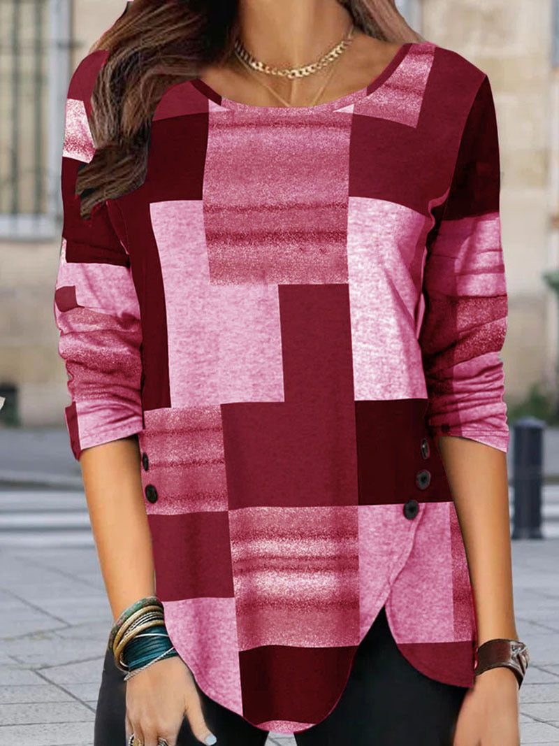 Damen gemustertes Langarm-Tunika-Shirt mit asymmetrischem Saum und dekorativer Knopfleiste Echoarchiv