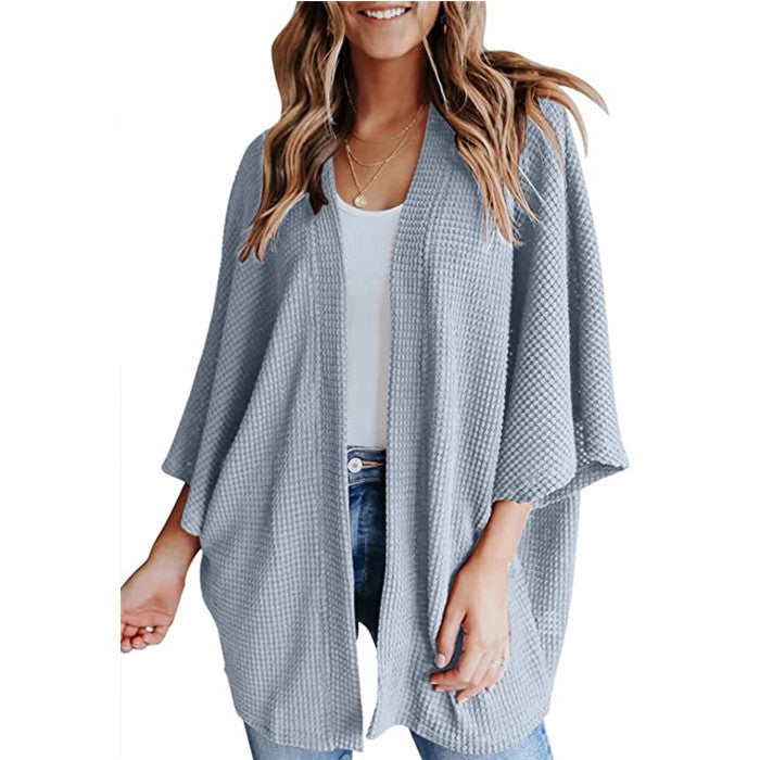 Damen Waffelstrick Offener Kimono-Cardigan mit Fledermausärmeln Echo Archiv