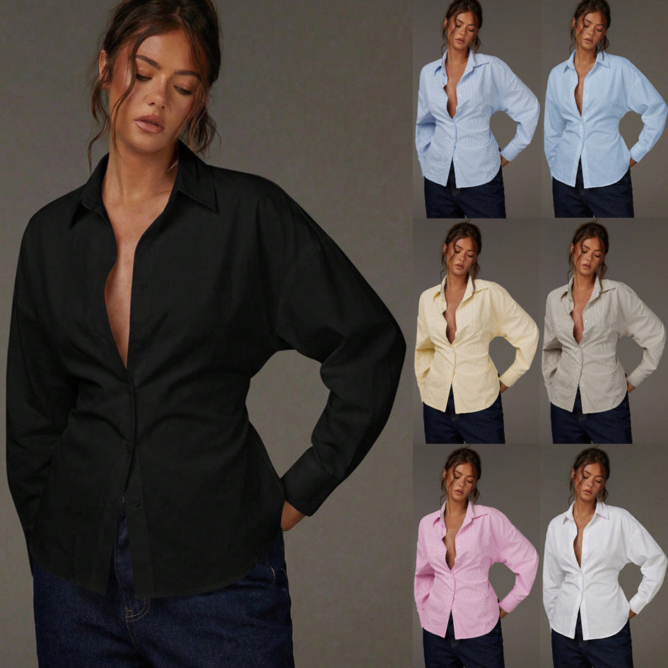 Damen Oversize Hemdbluse mit Nadelstreifen, überschnittener Schulter und taillierter Raffnaht Echo Archiv