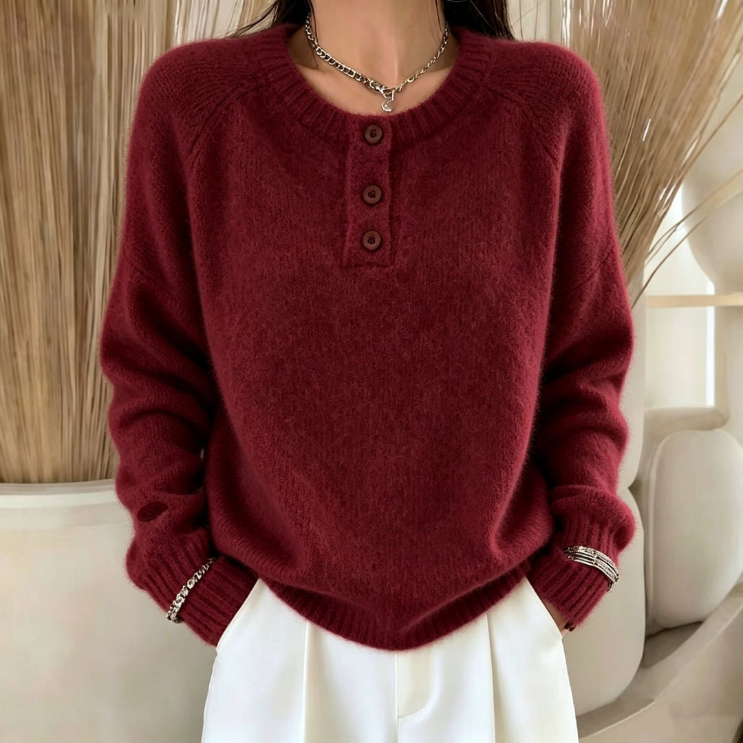 Damen Kuscheliger Rundhals-Henley-Pullover mit Knopfleiste und Raglanärmeln – Mavelle