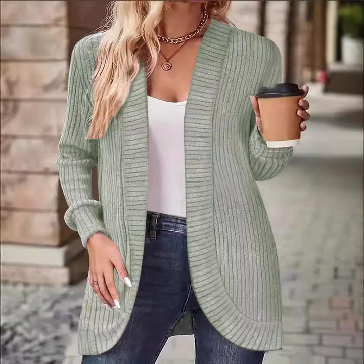 Damen Langer Offener Rippstrick-Cardigan mit abgerundetem Saum – Veloura