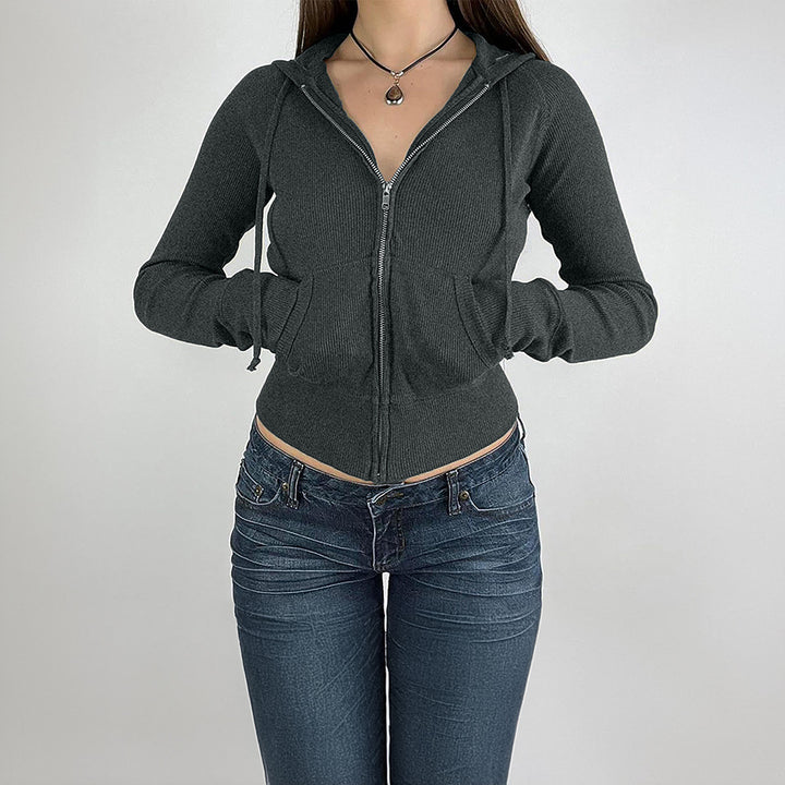 Damen nan schmal geschnittene Feinstrick-Hoodiejacke mit Metallzipper, Kängurutaschen und Daumenlochbündchen Echo Archiv