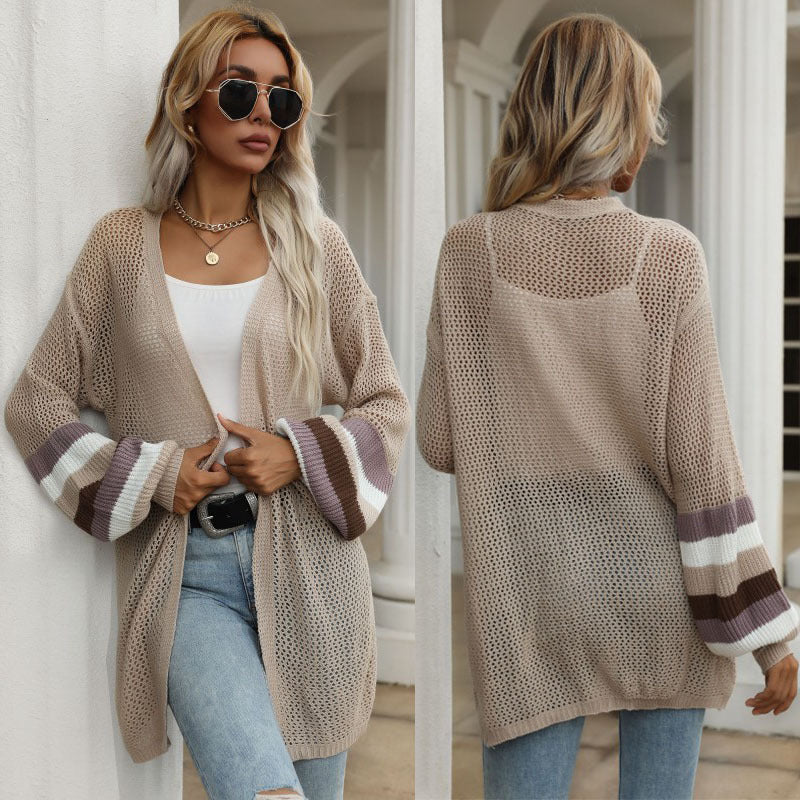 Damen Longline-Netzstrick-Cardigan mit Ballonärmeln und Blockstreifen – Veloura