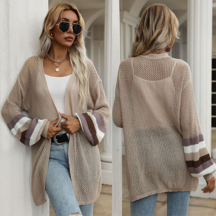 Damen Longline-Netzstrick-Cardigan mit Ballonärmeln und Blockstreifen – Veloura