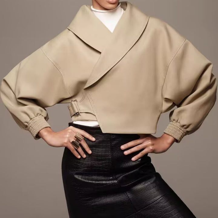 Damen Kurze Oversized Jacke mit breitem Schalkragen, Ballonärmeln und Taillenriegel Echoarchiv