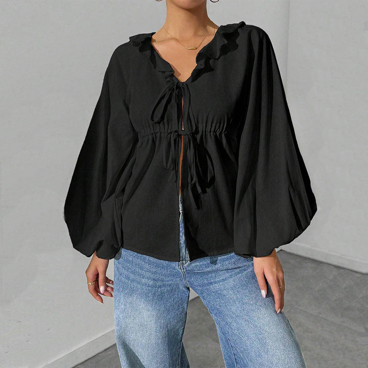 Damen lässige Rüschenbluse mit V‑Ausschnitt, Bindebändern und weiten Ballonärmeln – Élovi