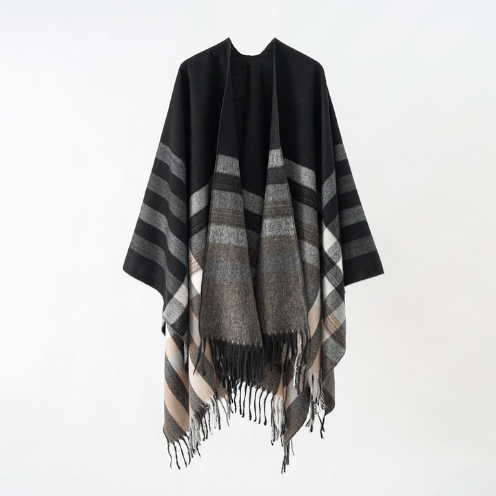 Damen Grobgewebte Cape‑Ruana im Oversize mit verlaufendem Karomuster und Fransensaum Echo Archiv