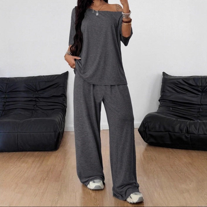 Damen Lässiges Lounge-Set aus weichem Jersey mit weiter Palazzohose und schulterfreiem Oversize-Top – Élanora