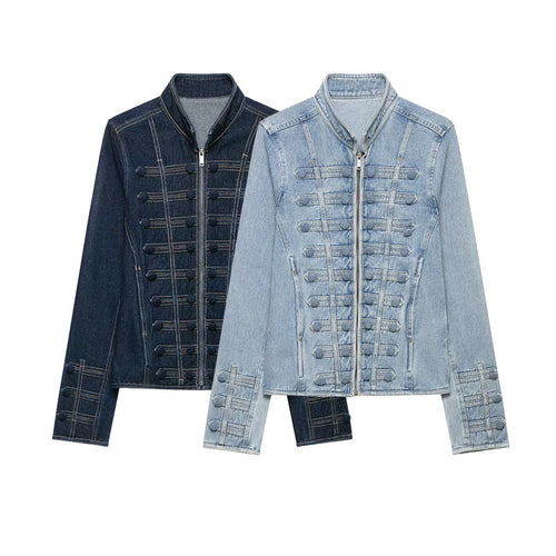 Damen Taillierte Denimjacke mit militärischen Galon‑Details und Stehkragen Echo Archiv