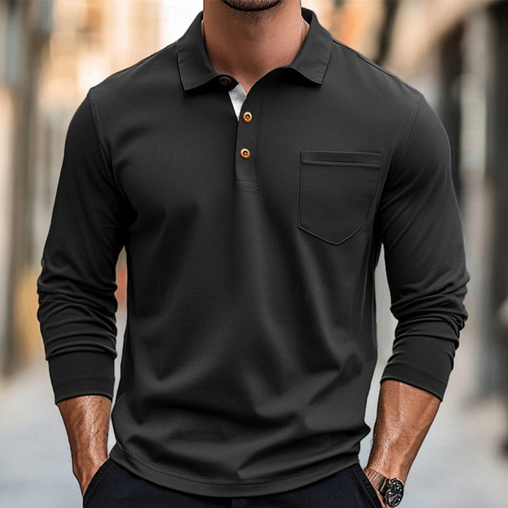 Herren modisches Langarm-Polohemd mit Knopfleiste und Brusttasche Echoarchiv
