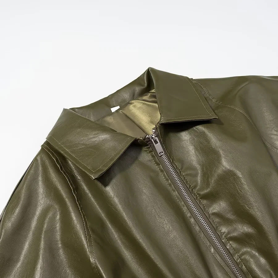 Damen taillierte Kunstleder-Fieldjacke mit Bindegürtel, durchgehendem Metallreißverschluss und zwei Reißverschlusstaschen – Célinea