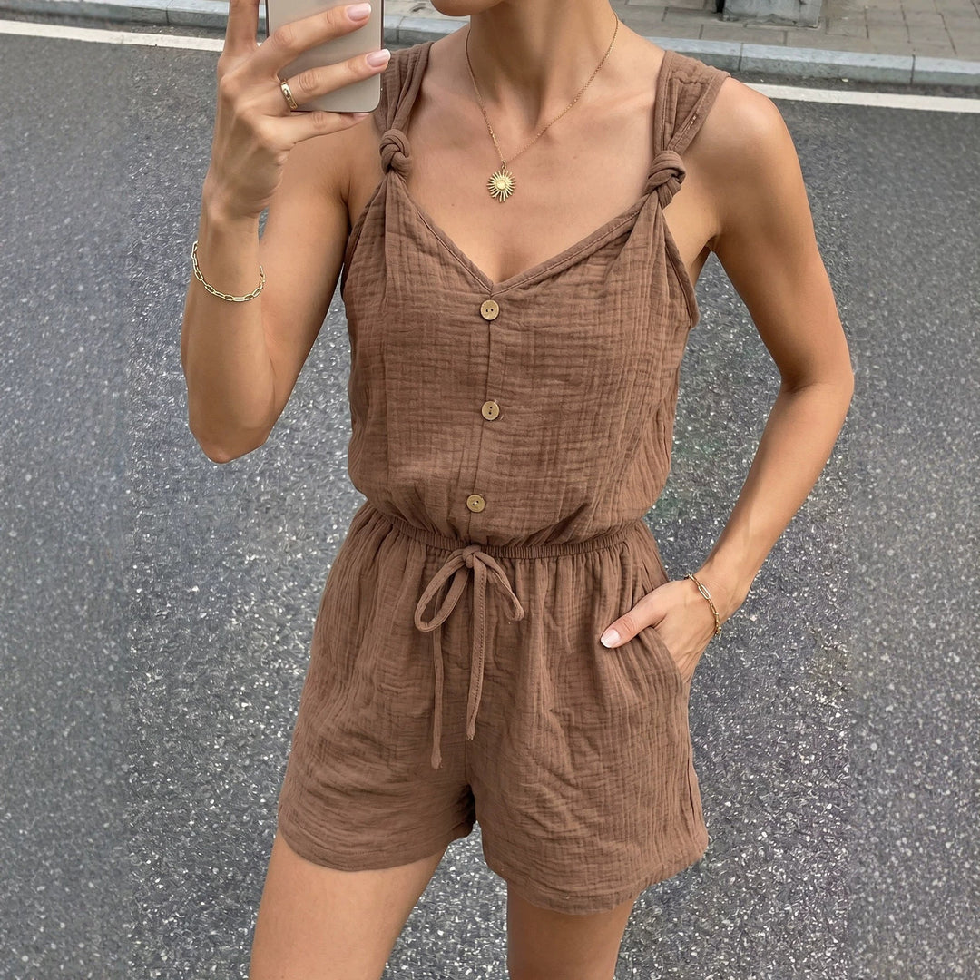 Damen lässiger Jumpsuit mit knöpfbarem V-Ausschnitt und elastischem Bund Echoarchiv