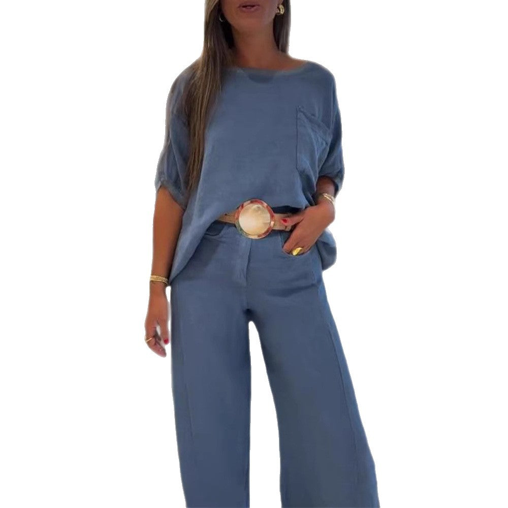 Damen nan Leinenmix-Zweiteiler mit kastigem Oversize-Shirt, Brusttasche und weiter Palazzohose Echo Archiv