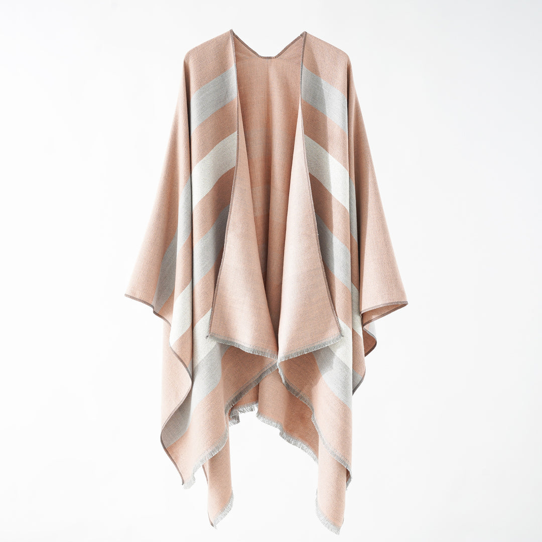 Damen Feiner Wollmix‑Capeüberwurf mit diagonaler Streifenstruktur und Fransensaum Echo Archiv