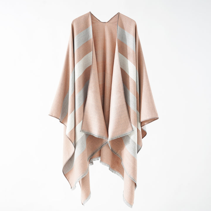 Damen Feiner Wollmix‑Capeüberwurf mit diagonaler Streifenstruktur und Fransensaum Echo Archiv