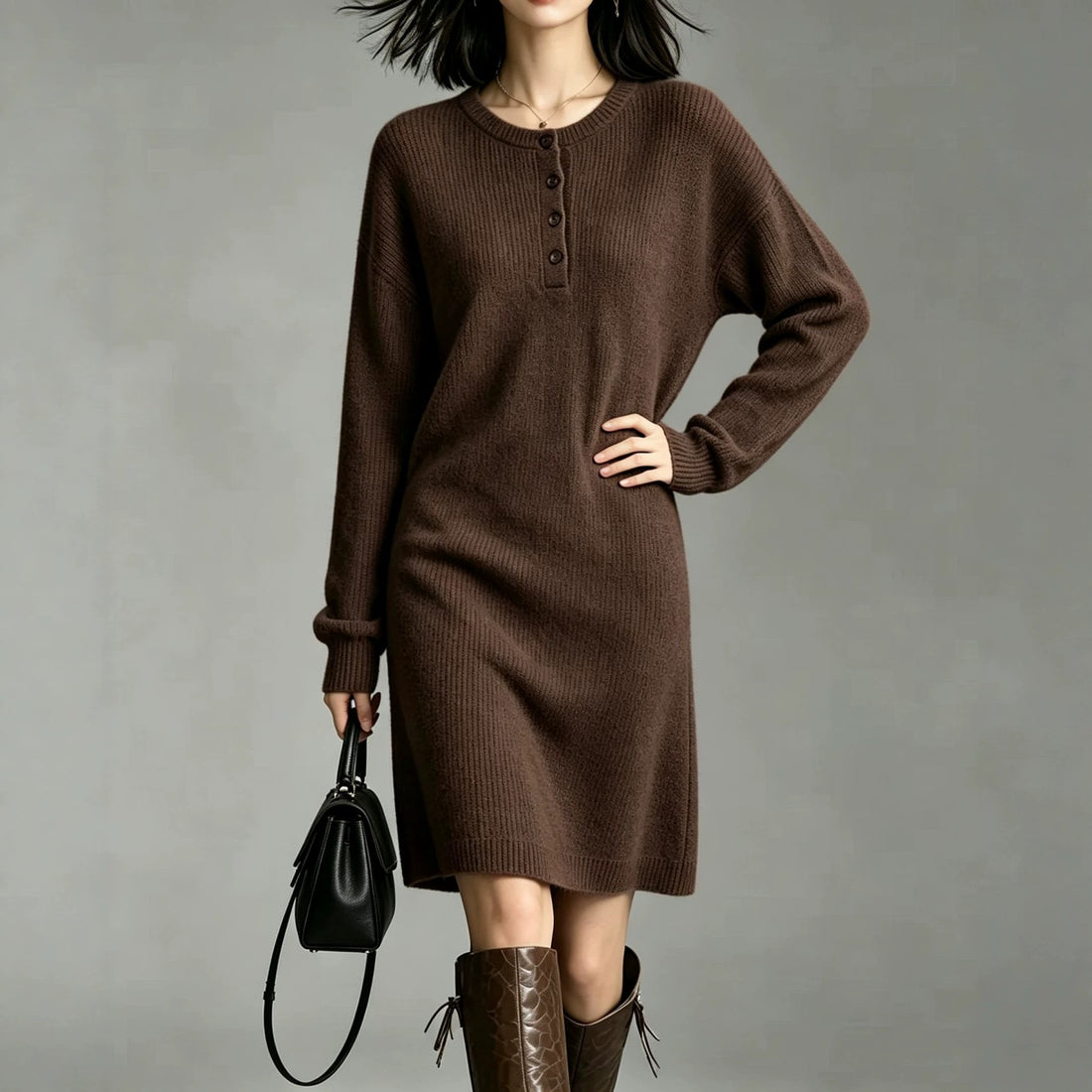 Damen Midilanges Strickkleid mit Henley-Leiste und gerippten Bündchen – Élara