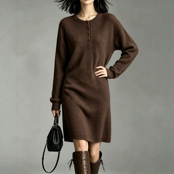 Damen Midilanges Strickkleid mit Henley-Leiste und gerippten Bündchen – Élara