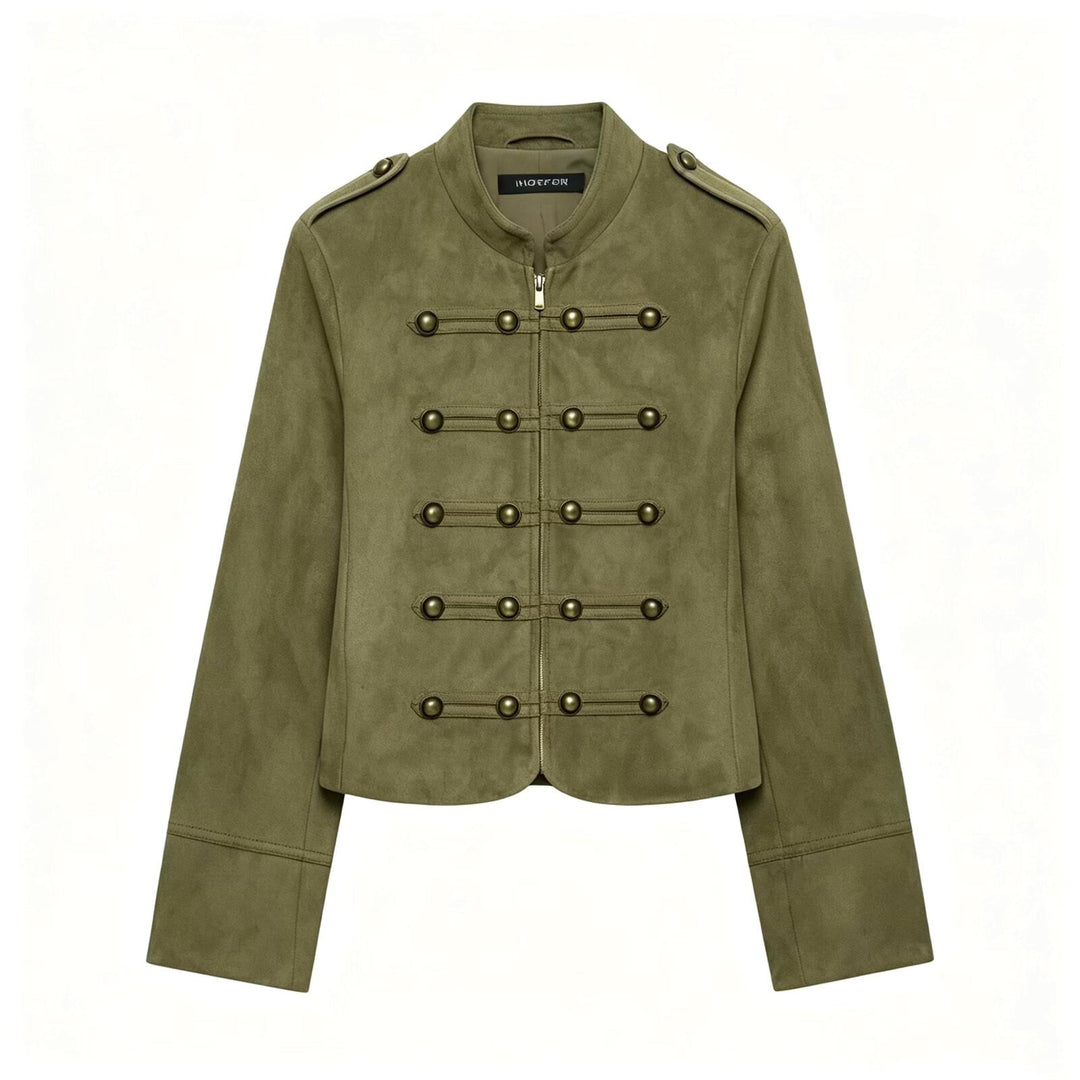 Damen Kurzjacke im Militärstil aus Veloursimitat mit Stehkragen, Epauletten und dekorativer Zierknopfleiste Echoarchiv